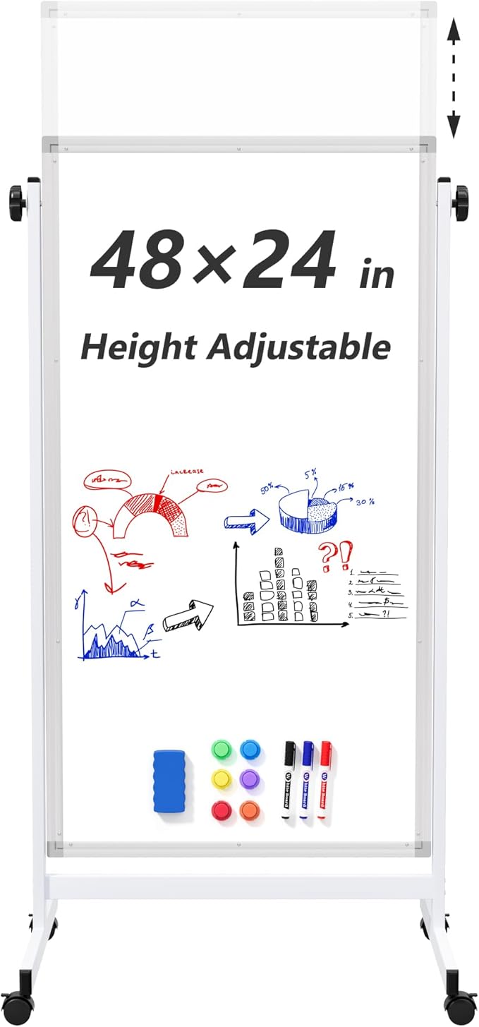 Large Rolling Whiteboard on Wheels, 48" x 24" Height Adjustable Mobile White Board with Stand, 4' x 2' Portable Standing Magnetic Dry Erase Board Easel for Home Office Classroom School, Silver