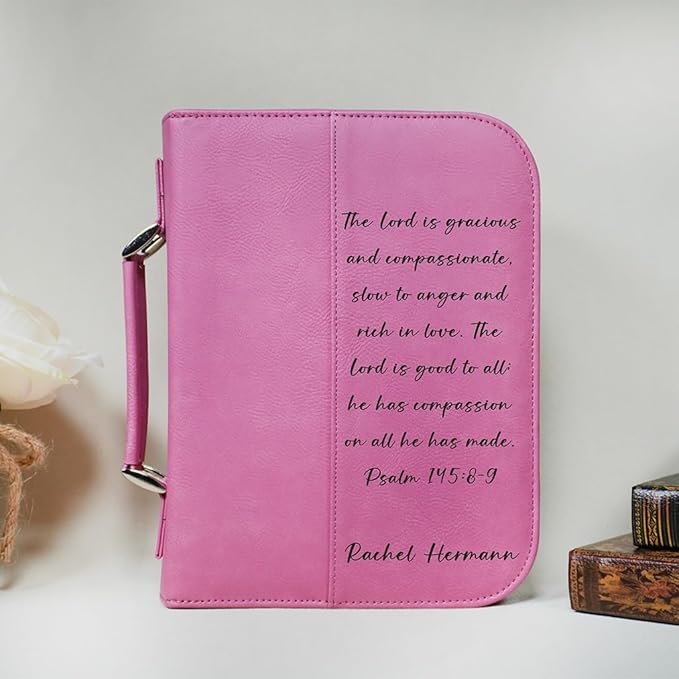 Personalized Vegan Leather Zippered Bible Cover – Custom Engraved Scripture Journal Case with Handle, Pen Holder & Pocket – Fits Large & Medium Bibles