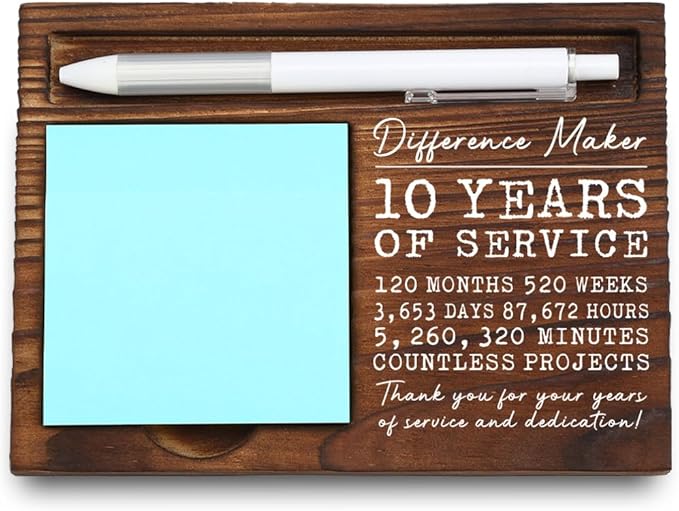 Wooden Sticky Note Holder for 10 Years of Service, 10th Work Anniversary Decoration Gifts, Appreciation Gift for Educators, Inspirational Desk Organizer, 16.5 x 12 x 1.5 cm,LQQ13