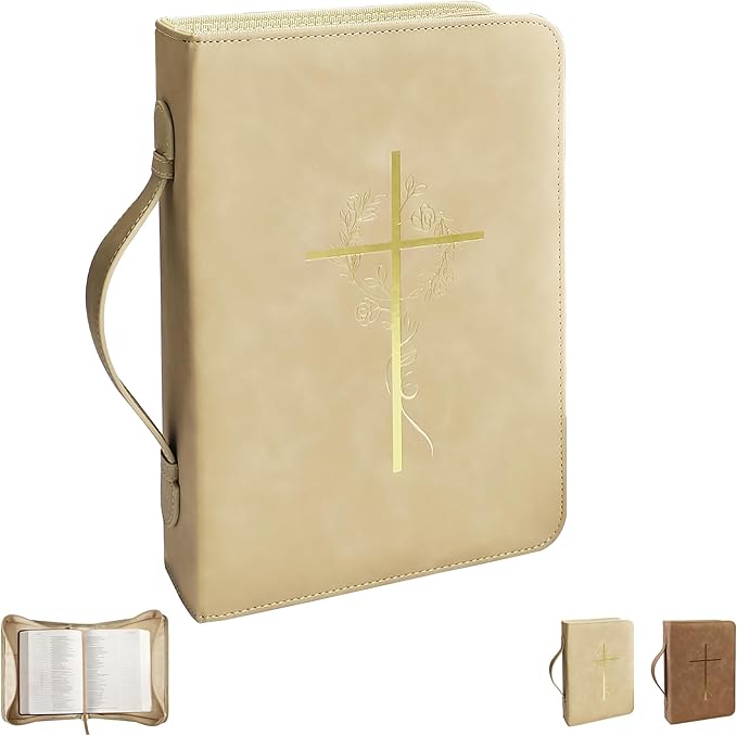 Bible Cover Case for Women, Bible Bag with Phone Pocket, PU Leather Large Carrying Book case with Minimalist Debossed Design – Christian Bible Accessories for Girls & Women (Beige)