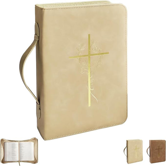 Bible Cover Case for Women, Bible Bag with Phone Pocket, PU Leather Large Carrying Book case with Minimalist Debossed Design – Christian Bible Accessories for Girls & Women (Beige)