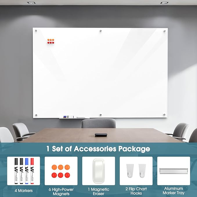 MaxGear Glass Whiteboard Wall Mounted, Frameless Magnetic Dry Erase Board, Tempered Glass, Steel-Backed, Non-Porous Smooth Surface, Floating Design, Accessories Included, for Office Home Classroom