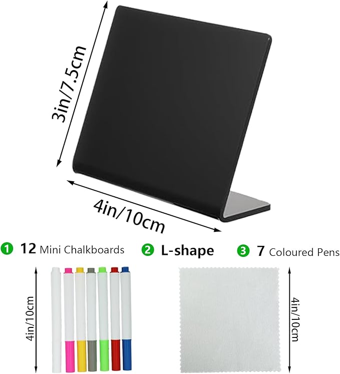 L-Shaped Mini Chalkboard Signs, Food Labels for Party Buffet, Reusable Tabletop Signs for Buffet, Bakery, Wedding, Party (12 Pack, 4"x3"), Includes 7 Color Chalk Markers, Cleaning Cloth