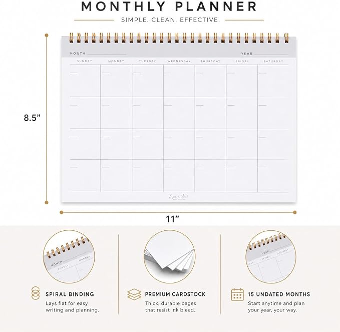 Paper 'n Such- Blank Calendar, Undated Monthly Planner, Simple Desk Agenda -DIY Custom Scrapbook for Photos -15 Sheets, Spiral Bound, Large 8.5x11", Customizable for Home, Office, or School