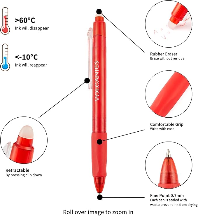 Volcanics Erasable Gel Pens Red Ink, 0.7MM,36 Pack Retractable Clicker Gel Ink Pen, Fine Point Smooth Writing for Office Work Journaling