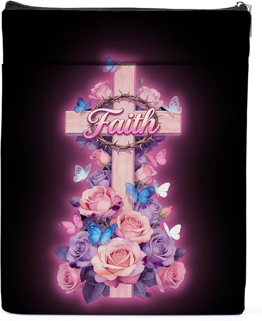 Floral Bible Cross Book Sleeve, Book Lovers Gifts Sleeve with Zipper & Front Pocket, 11.4x8.8 Inch Canvas Books Cover Protector Bookish Bible Gifts for Readers Librarian Women Teacher