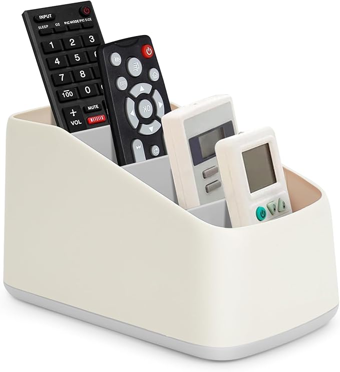 Remote Control Holder with 4 Compartments,TV Remote Caddy/Box/Tray Organizer for Bedside Table/Office Desk,Desktop Storage Organizer for Small Controller,Media Player, Office Supplies