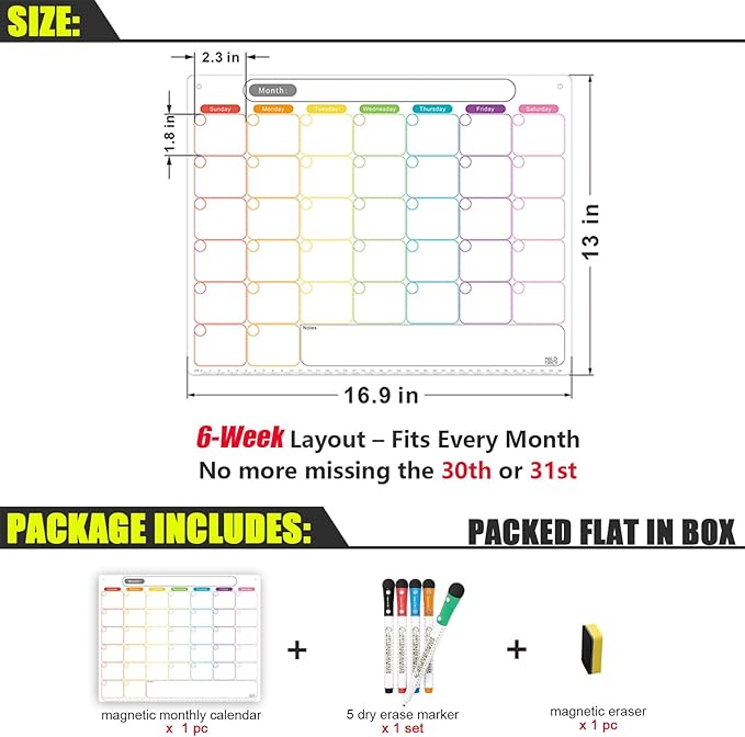 Magnetic Calendar for Fridge, Dry Erase Monthly Calendar, 16.9" x 13", 6-Week Layout, Easy to Clean, Strong Magnetic Hold, Color-Coded Planner, Includes Dual-Magnet Markers & Eraser