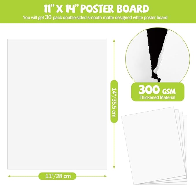 VOKOY 30 Pack White Poster Boards 11x14 Inch, Bulk Thick Posterboard Paper, Blank Graphic Display Vision Board for for Art DIY Crafts Drawing School Projects Presentations Exhibits Notices, 300gsm