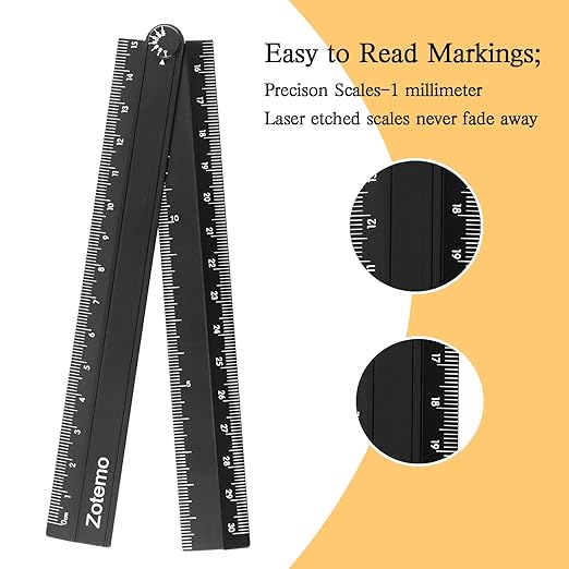 2-in-1 Foldable Metal Ruler & Protractor -15cm Compact to 30cm Extended, Precision Laser Etched Metric Scale, Aluminum Folding Small Ruler for Planner Journaling Drafting Drawing (Black)