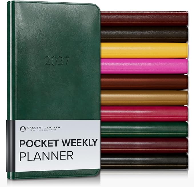 Gallery Leather Pocket Weekly Monthly Planner 2027, Elegantly Bound Calendar Planner and Notebook with Stylish Gold-Gilded Page Edges, 12 Months - Acadia Green - 6x3.25"