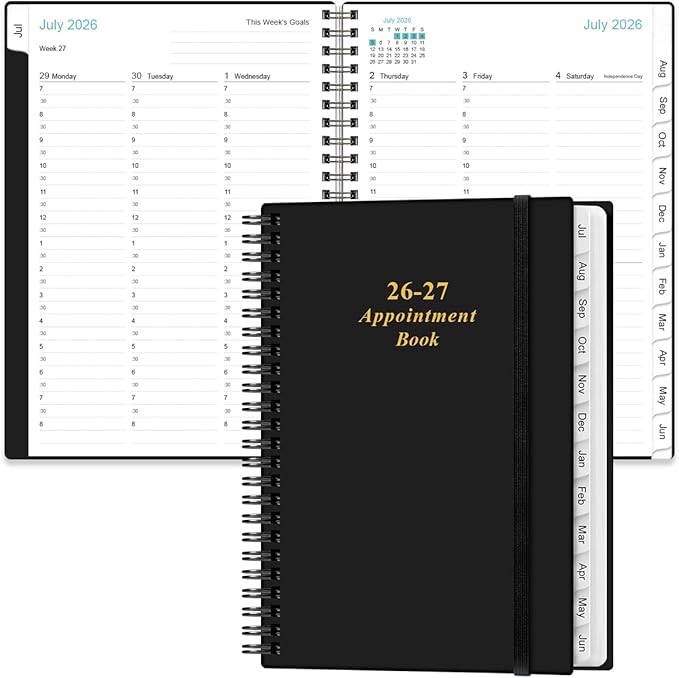 2026-2027 Appointment Book & Planner - 2026-2027 Daily Hourly Planner from July 2026 - June 2027, Weekly Appointment Book with 30-Minute Interval, Medium 6.4" x 8.5", Black-B