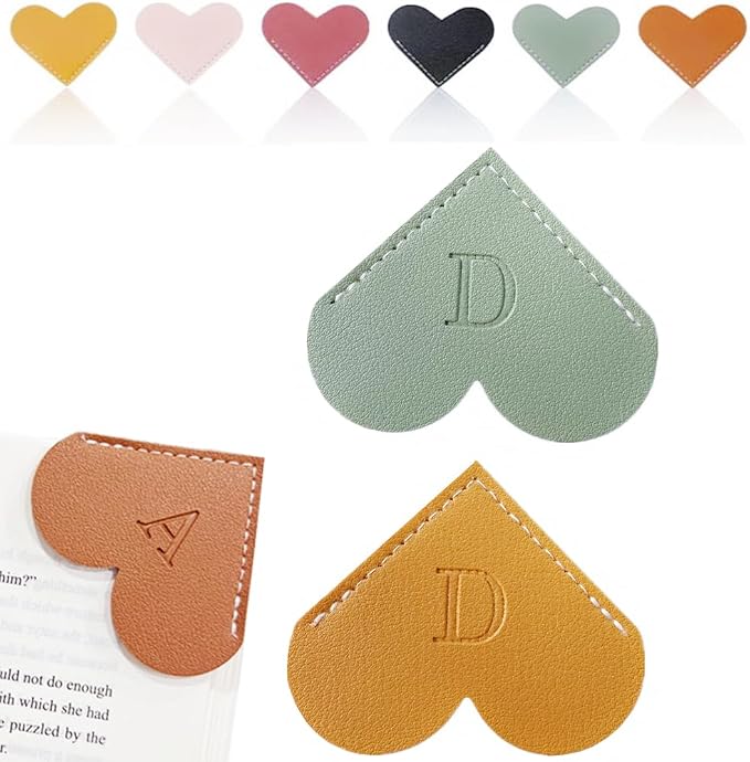 Personalized Leather Heart Bookmark, 26 Letters Customized Corner Book Mark for Reading Women, Book Marker with Initials，Cute Gifts (Green+Light Brown, D)