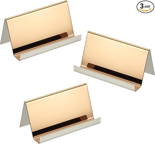 PATIKIL Business Card Holder for Desk, 3Pcs Business Card Holders Stainless Steel Card Stand Organizer Cards Display for Office Exhibition, Rose Gold