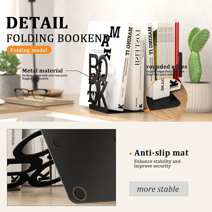 Book Ends,8 Pair Bookends Metal Bookend (Folding Book Ends 8 Pair)