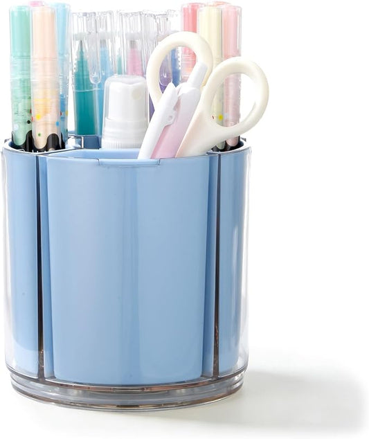 Comix 360° Rotating Pen Holder for Desk, Cute Pencil Holder Pen Organizer, Blue Acrylic Pencil Cup Caddy with 5 Slots for Home School Office Supplies