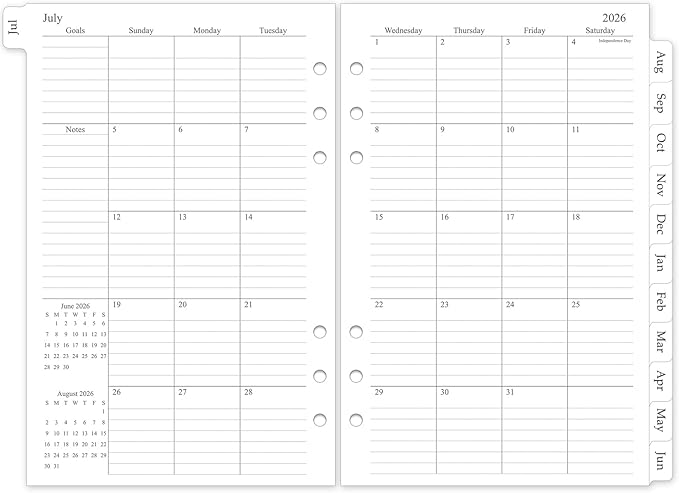2026-2027 Monthly Planner Refill, A5 Medium Planner Inserts for 6 Holes, 5.5"x8.5", Jul. 2026 - Dec. 2027, 12 Monthly Calendars with Laminated Tabs, 6-Hole Punched