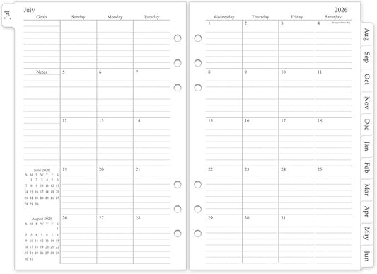 2026-2027 Monthly Planner Refill, A5 Medium Planner Inserts for 6 Holes, 5.5"x8.5", Jul. 2026 - Dec. 2027, 18 Monthly Calendars with Laminated Tabs, 6-Hole Punched