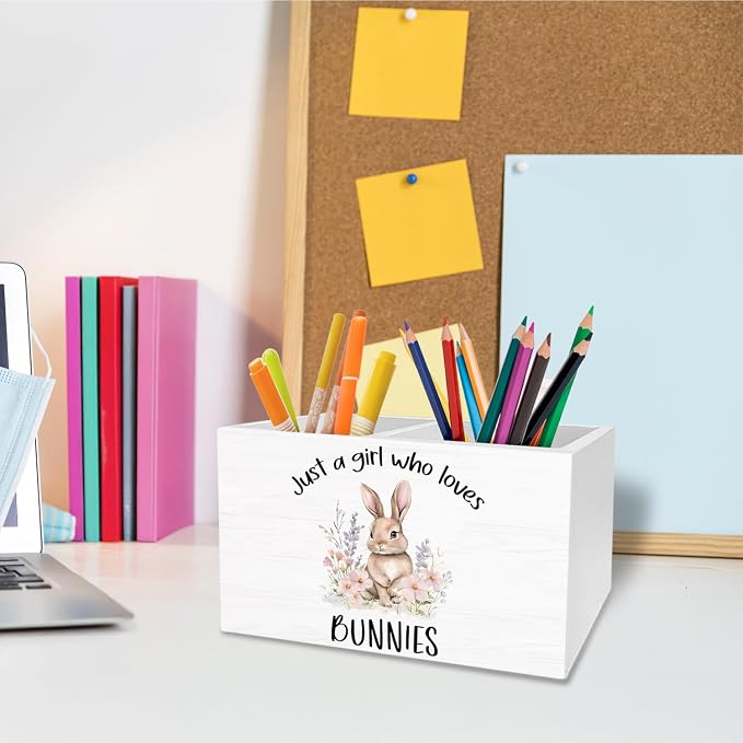 Floral Bunny Pen Holder for Desk, Rabbit Bunny Lovers Gifts Pencil Organizer, Just a Girl Who Loves Bunnies Wooden Box Sign Desk Decor for Home Office Decoration