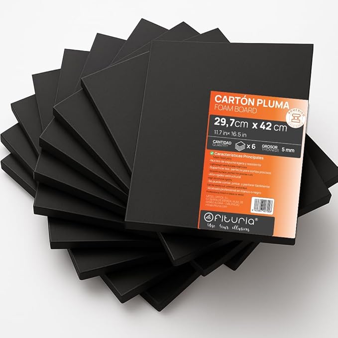 OFITURIA Foam Board Black A3 Adhesive (29.7 x 42 cm) Pack of 6 Expanded Polystyrene Plates Lightweight and Rigid Foam Board Versatile and Cuttable for Crafts and Models, 5 mm