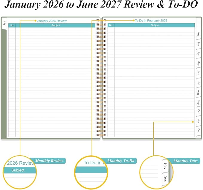 2026-2027 Monthly Planner - 18 Monthly Calendar, January 2026 - June 2027, Two Pages Per Month, 9" x11" Planner with Tabs, Strong Twin-Wire Binding, Inner Pocket, Green