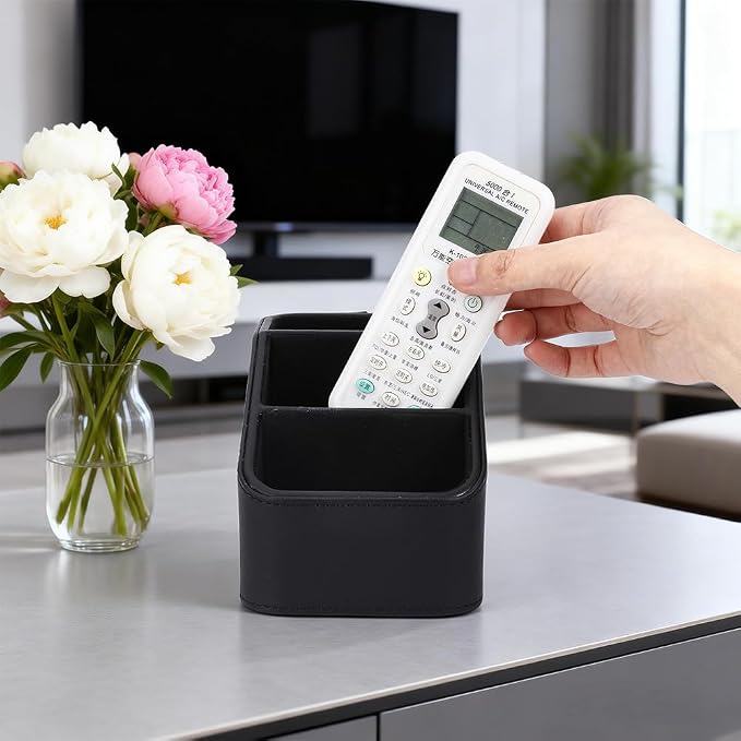 UNICRAFTALE PU Leather Remote Control Holder Organizer 3-Grid Desk Organizer Bedside Table Caddy Remot Organizers for TV Remote Pen Glasses Office Supplies Home Decor Black 6.69x3.94x3.94 Inch