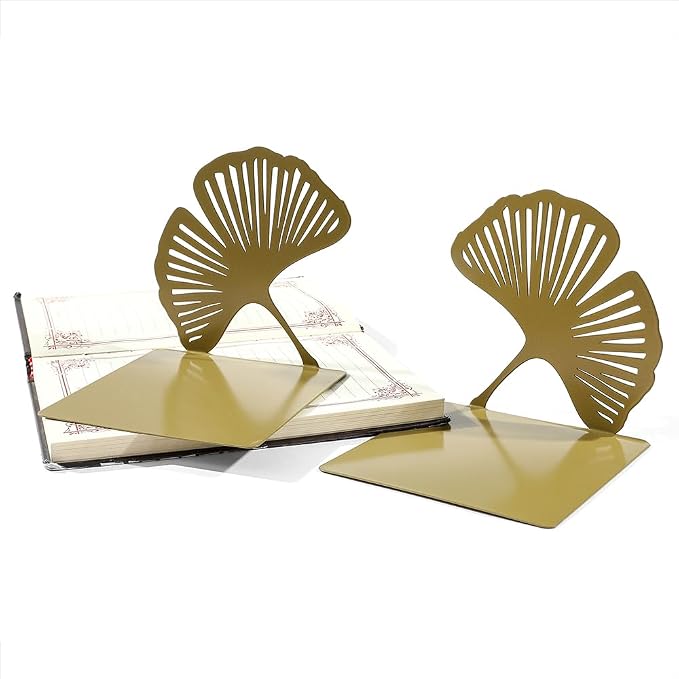 Ginkgo Leaf Metal Bookend, Botanical Leaf Veins Heavy Duty Book Stand, Home and Office Bookshelf Decorative End of The Book (Big Ginkgo Leaf)