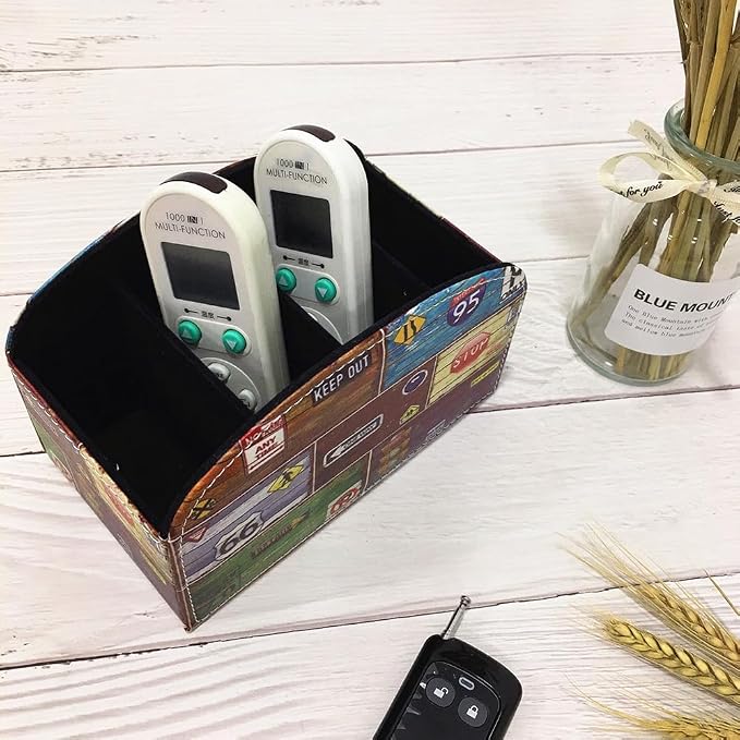 Remote Control Holder Organizer - Leather Table Desk Storage with 5 Spacious Compartments (Road Sign)