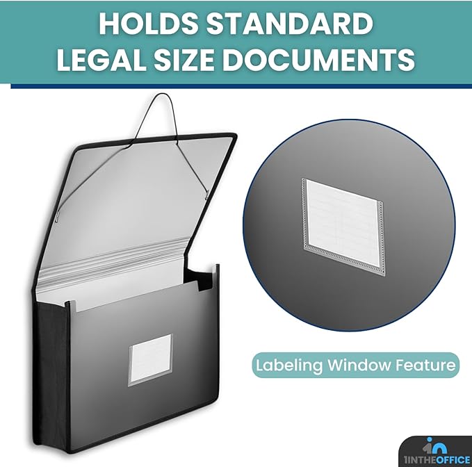 1InTheOffice Plastic Expanding File Wallet, Plastic Envelopes with Elastic Closure, 3.5" Expansion, Legal Size, Black, 1 Pack