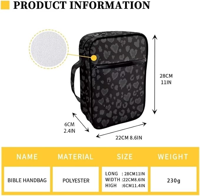 Coldinair Black Gray Leopard Print Bible Cover Case for Women Men,Carrying Book Cover Bible Holders with Handle and Zippered Pocket,Fits for Standard/Large Size Bible