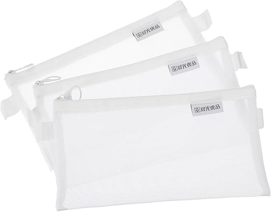 PATIKIL 3Pack Mesh Zipper Pouch Bags, 8.3" x 4.7" Nylon Mesh Pouch Waterproof Cosmetic Bags Pencil Holders Documents Pocket for Organization Travel Accessories Office Supplies, White