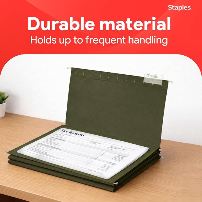 Staples Hanging File Folders, Legal Size, Straight‑Cut Tabs, Standard Green, Durable Filing Solution – 25/Box