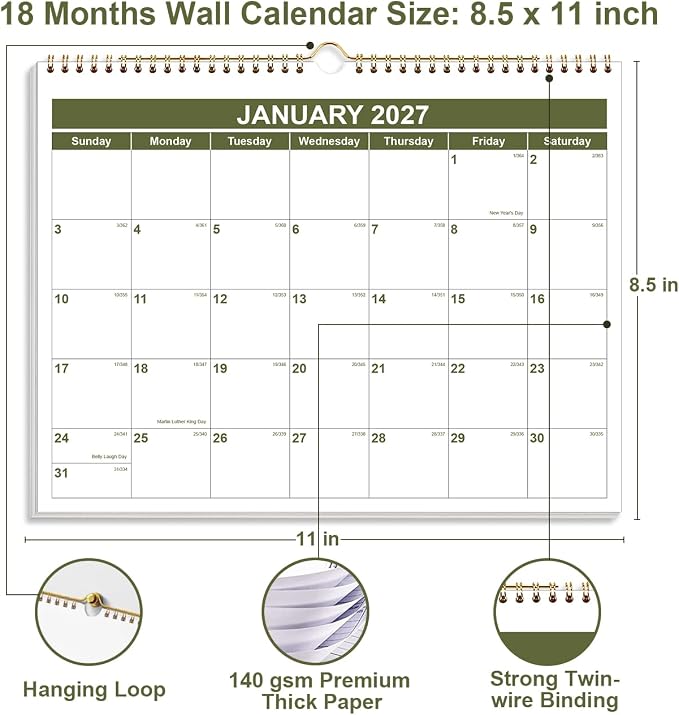 Calendar 2026-2027 - Wall Calendar 2026-2027 from July 2026 - December 2027, Spiral Binding Hanging Wall Calendar 2026 for Home/Office, 8.5" x 11", Green