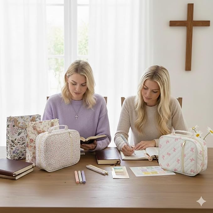 Bible Cover Case for Women Large Bible Cover Bag with Durable Handle Quilted Carrying Bible Study Supplies Accessories (Pink Floral)