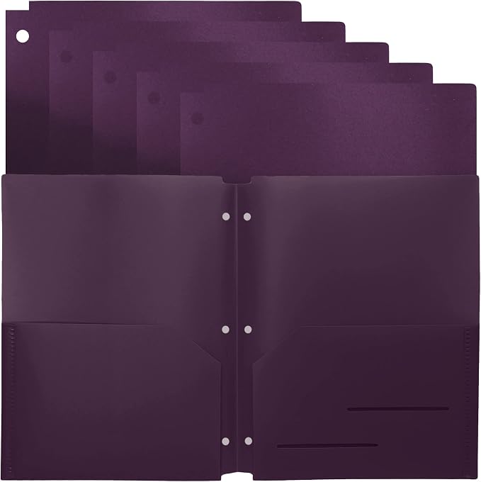 Youngever 6 Pack Heavy Duty Plastic Two Pocket Folders, Binder Dividers with Pocket, 3 Hole Punch Folder with Notches, Binder Folders (Purple)