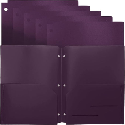 Youngever 6 Pack Heavy Duty Plastic Two Pocket Folders, Binder Dividers with Pocket, 3 Hole Punch Folder with Notches, Binder Folders (Purple)