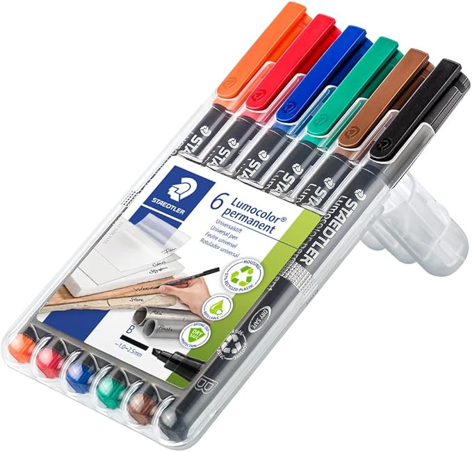 STAEDTLER Lumocolor Universal Pen, Broad Chisel, Felt Tip, Permanent Marker, Box of 6 Assorted Color Pens, 2.5mm 314 WP6, Assorted Colours, pkg of 6 (314 WP6 ST)