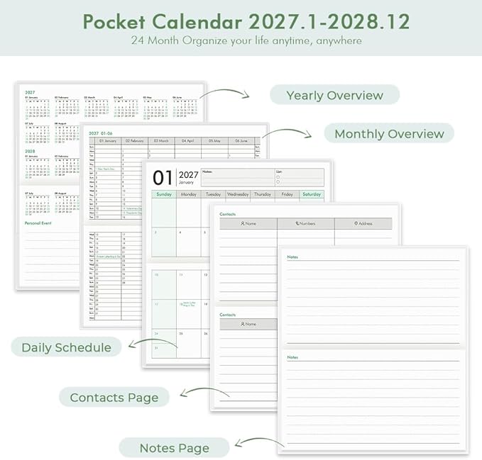 Pocket Calendar 2027-2028 for Purse, Small Pocket Planner 2027-2028 for Purse 3.5×6.5In, 24 Month Organizer from Jan 2027- Dec 2028 Mini Planner with Pvc Cover for Organizing & Planning