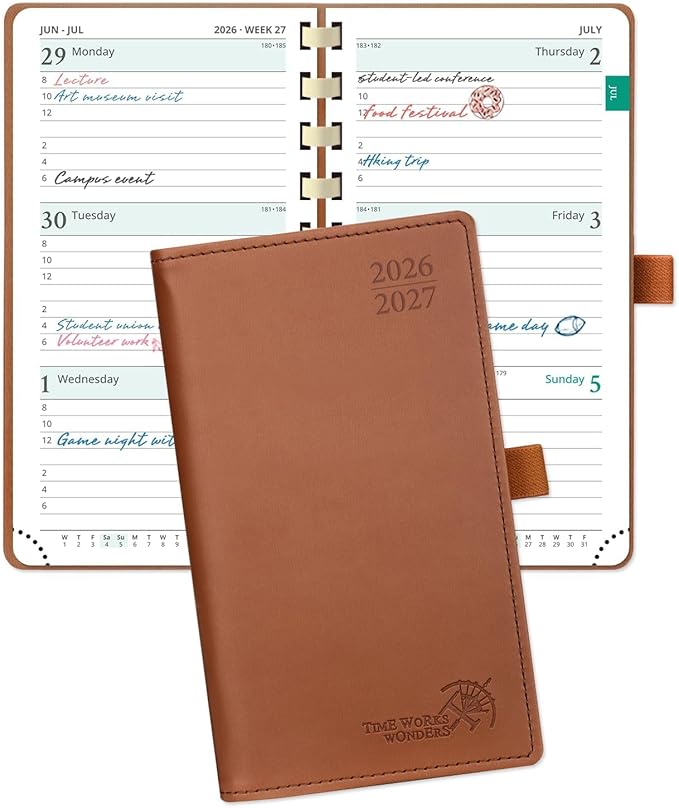 POPRUN Pocket Planner 2026-2027 (Slim Size 3.5'' x 6.5'') Academic Purse Calendar (July 2026 - June 2027) with Hourly Time Slots, 100GSM Thick Paper, Spiral Soft Cover - Brown