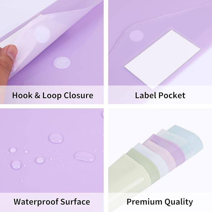 EOOUT 45pcs Plastic Envelopes, Plastic File Folders for Documents, A4 Size Hook & Loop Closure Poly Folders with Label Pocket for School and Office Supplies