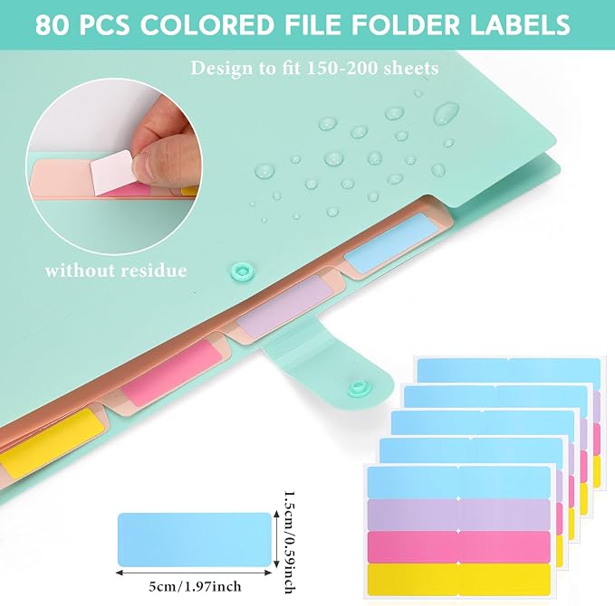 Kosiz 10 Packs Expanding File Folders with 5 Pockets, A4 Letter Size Cute Folders for Documents, File Document Organizer with 80 Pcs File Folder Labels for Document School Office Supplies