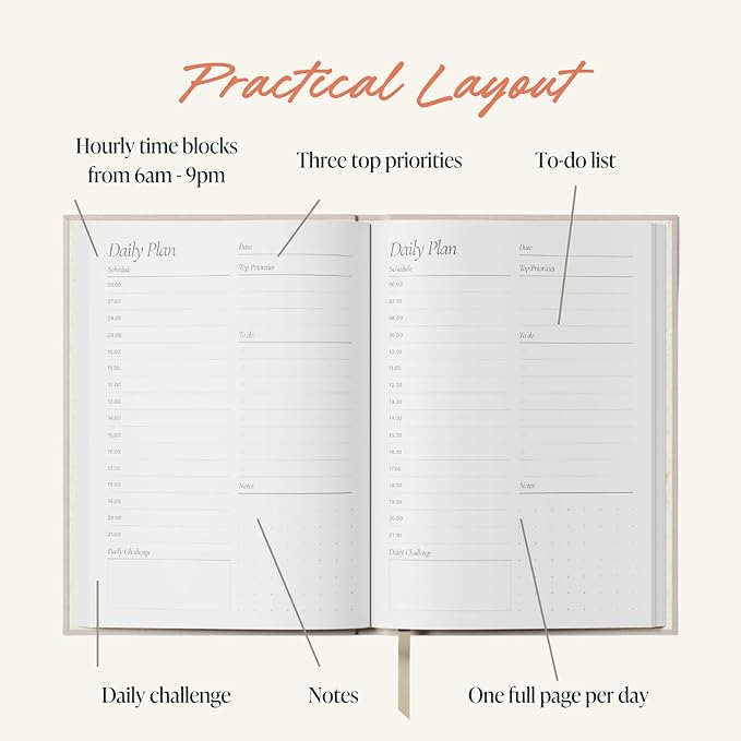 Yop & Tom Undated Daily Planner - Productivity Planner with Flower Vase Illustration - Weekly and Daily Organizer with Time Slots