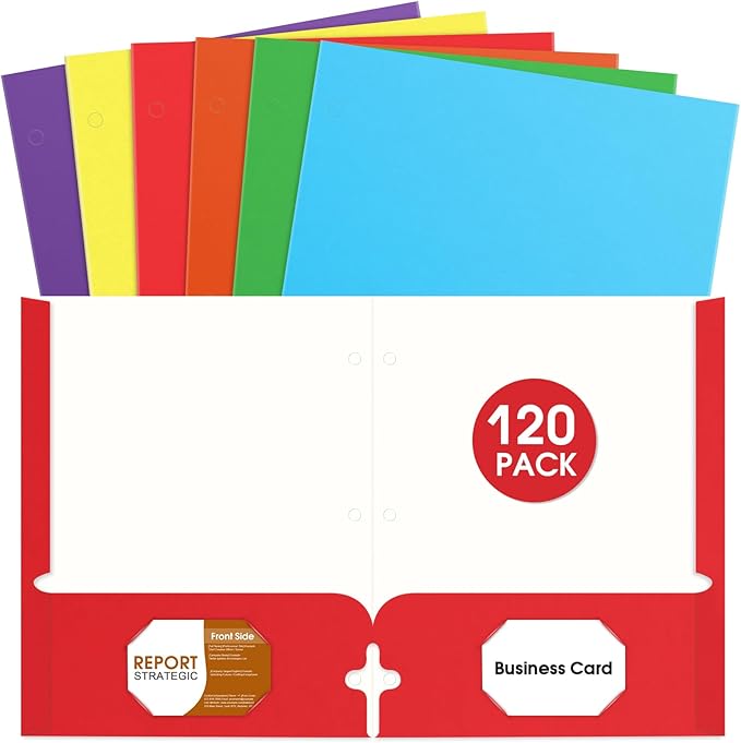 TooyBing Folders with Pockets, 2 Pocket Folders Bulk (120 Pack, Assorted Colors), 3 Hole Punched with Business Card Slot, Letter Size, Paper File for School Office Home