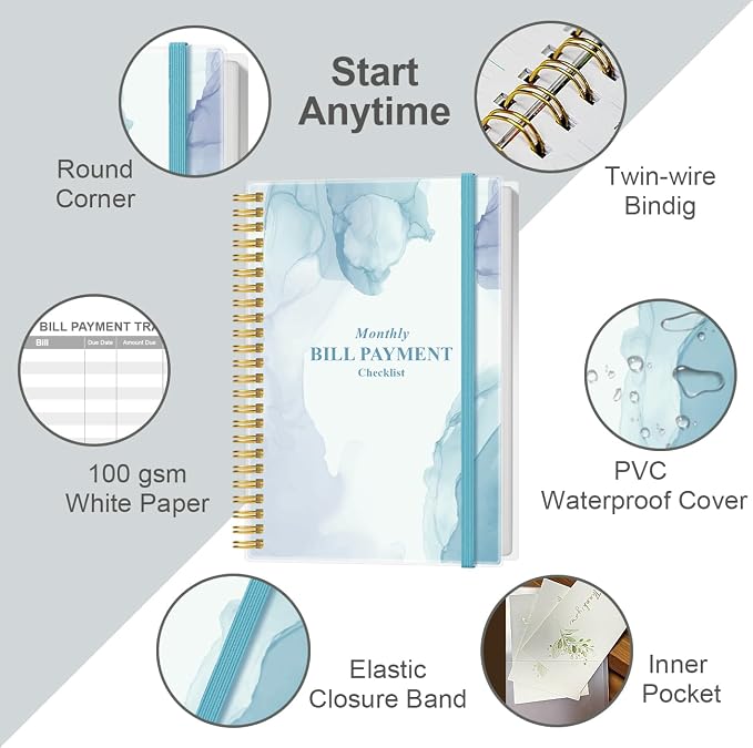 Monthly Bill Organizer - Monthly Bill Payment for Personal Budgeting Financial, Payments Checklist Organizer, 5.8" x 8.5", Blue Watercolor