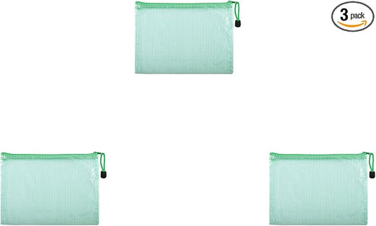 3 Pcs 3.74" x 5.31" B8 Sizes Mesh Zipper Pouch Bags, Mesh Bags with Zipper，Waterproof Clear document pouch for Organization Puzzles Travel, Office, Classroom Organization, B8 Green