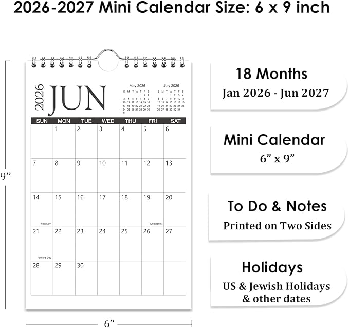 Mini Calendar 2026, 6'' x 9'' Small Calendar Runs from January 2026 unitl June 2027, Little Notepad Calendar for Wall, Desk, Bulletin Board or Fridge