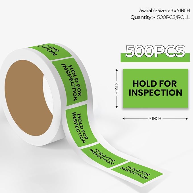 StickerJet Hold for Inspection – Warehouse Receiving Labels – 3"x5" Rectangle Labels – 500 Qty/Roll – Paper, Easy Peel and Stick, Strong Adhesive, No Residue, Made in USA