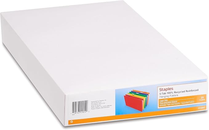 Staples Reinforced Hanging File Folders, Legal Size, 5‑Tab, Durable Construction, Assorted Colors – 50/Carton