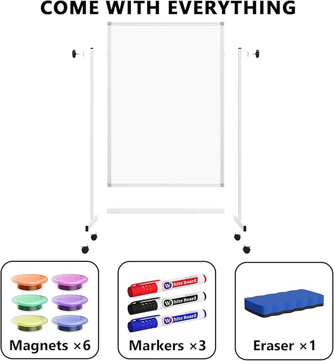 Large Rolling Whiteboard on Wheels, 48" x 32" Height Adjustable Mobile White Board with Stand, Portable Standing Magnetic Dry Erase Board Easel for Home Office Classroom School, Silver