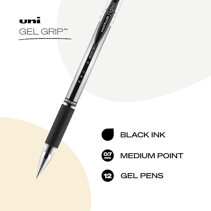 uniball Gel Grip Gel Pens, Medium Point (0.7mm), Black, 12 Pack